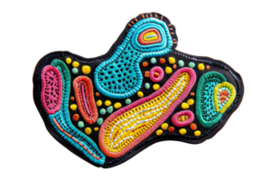 Colorful abstract embroidered patch on black background, featuring vibrant patterns in various shapes and textures. png