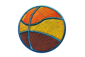 A colorful, round embroidered patch with geometric patterns in shades of orange, yellow, and brown, highlighted by blue outlines. png
