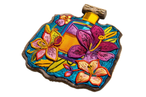 Colorful embroidered patch featuring a perfume bottle adorned with vibrant floral designs on a transparent background. png