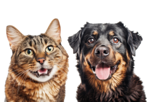 retrato de un alegre atigrado gato y un contento perro, lado por lado, aislado en un transparente antecedentes. ambos mirando a el cámara. png