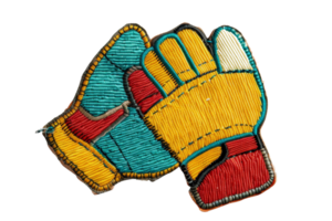 Colorful embroidered gloves patch on transparent background. Detailed stitch work showcasing vibrant design suitable for clothing and accessories. png