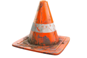 A dirty traffic cone isolated on a transparent background. representing road safety, construction zones, and traffic management. png