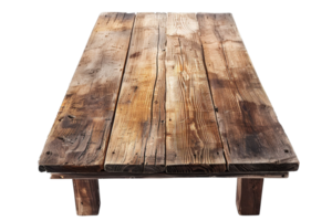 Rustic wooden table with a weathered surface, perfect for farmhouse-style decor and vintage-inspired settings. Ideal for cafes and dining areas. png