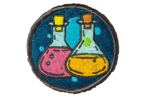 Colorful science badge featuring two flasks with vibrant liquids, perfect for education and science-themed projects. png