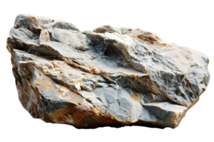 Isolated image of a large, rugged rock with a mix of grey and brown coloring, showing natural textures and formations. png