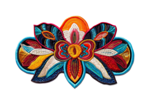 Vibrant handmade textile flower design with intricate patterns and colorful threads, perfect for art and craft showcases or cultural decorations. png