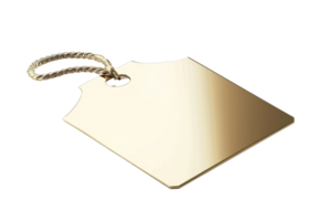 A gold tag with a white background. The tag is hanging from a string png