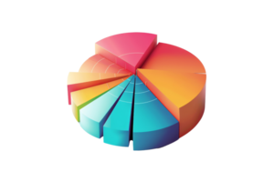 3D colorful pie chart with various segments representing data distribution. Ideal for business, finance, and statistical presentations. png