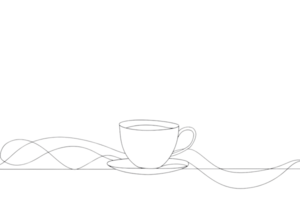 Minimalistic line art of a coffee cup with a saucer and spoon, representing simplicity and elegance in design. Perfect for decor and graphic design. png