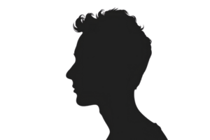 A man's head is shown in black and white. The image is of a man with short hair and a beard. The man's face is shown in profile, with his nose and mouth clearly visible png