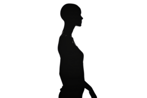 A woman is walking on a white background. The image is in black and white. The woman is wearing a black shirt and is carrying a handbag. The image has a simple and elegant feel to it png
