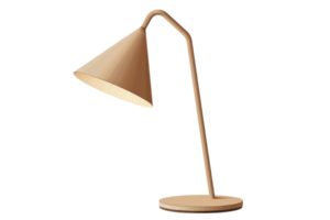 A lamp with a wooden base and a cone shaped shade. The lamp is turned on and the light is shining on the table png