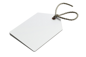 Close-up of a blank, white price tag with a rope string, isolated on a transparent background. Perfect for labeling, branding, or pricing products. png