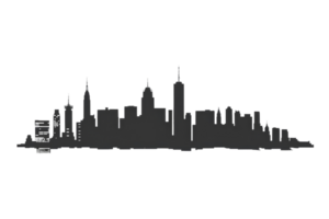 A city skyline is shown in black and white. The buildings are tall and the city appears to be bustling with activity. The skyline stretches across the entire image, giving a sense of depth and scale png