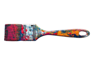 Vibrant paintbrush covered in colorful splashes of paint, isolated on a transparent background. Ideal for art, creativity, and DIY project imagery. png