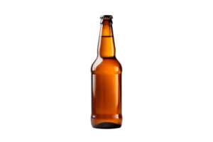 A bottle of beer is sitting on a white background. The bottle is half full and has a label on it png