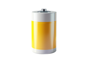 High resolution image of a single yellow cylindrical battery isolated on a transparent background. perfect for technology and power themes. png
