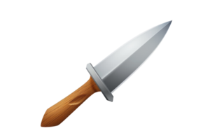 A knife with a wooden handle and a silver blade. The knife is sharp and pointed, and it is laying on a white background png