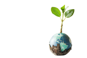 A small plant is growing out of a globe. Concept of growth and the importance of nurturing the environment png