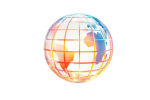 Colorful 3D globe illustration with grid lines, showcasing continents against a transparent background. ideal for global and technology themes. png