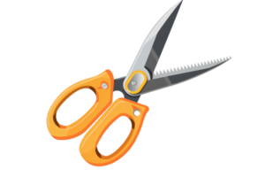 A pair of orange scissors with a serrated edge. The scissors are sharp and ready to cut png