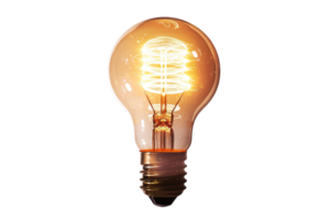 Isolated incandescent light bulb glowing with a warm orange light, showcasing the filament and details of classic bulb design. png