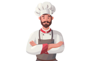 Illustration of a professional chef with a white hat, gray apron, and red accents, standing confidently with arms crossed. png