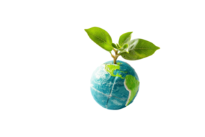 A small green leaf is growing on top of a blue globe. The globe is surrounded by a white background. Concept of growth and harmony between nature and the environment png