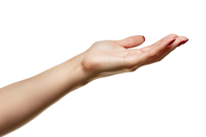 A hand is shown with a red nail polish and a white background. The hand is raised in a gesture of giving or offering something. Concept of generosity and warmth, as the hand is open png