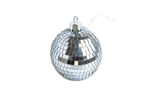 A silver disco ball is sitting on a white background. The shiny surface of the ball reflects the light, creating a sparkling effect. The ball is suspended from a string png