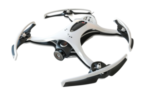 A white and black drone with a camera on it. The drone is in the air and has a black and white color scheme png