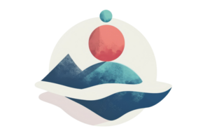 A mountain range with a blue and red sky and a red sun. The sun is in the middle of the circle png