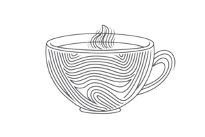 A cup with steam coming out of it. The cup is white and has a wooden rim. The image is in black and white png