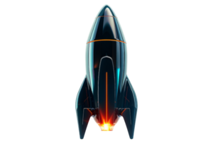 Futuristic spaceship in launch position with glowing blue and orange lights, isolated on a transparent background. png