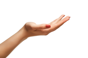 A hand is shown with a red nail polish and a white background. The hand is open and extended, with the fingers spread wide. Concept of openness and generosity png