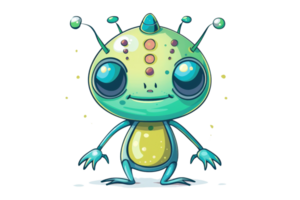 A cartoonish alien with big eyes and a green body stands on a white background. The alien has a friendly and approachable demeanor, making it seem like a fun and lighthearted character png