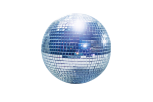 A shiny, reflective, blue disco ball sits on a white background. The ball is surrounded by a multitude of small, reflective squares, giving it a sparkling, almost ethereal appearance. Concept of fun png
