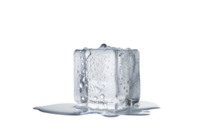 A cube of ice is melting on a white background. The water droplets from the melting ice create a sense of movement and change. The image evokes a feeling of impermanence png