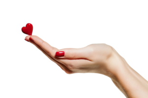 A hand holding a heart with red nail polish. Concept of love and affection png