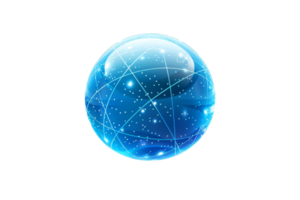 Digital illustration of a glowing blue sphere with interconnected lines representing connectivity and technology concepts. png