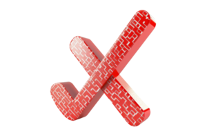 Digital red X symbol with pixelated texture in 3D style, representing error, cancel, or wrong action in a digital interface. png