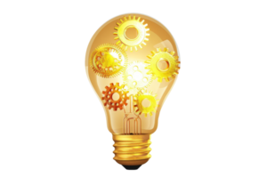 Creative lightbulb with gears representing innovative ideas and technology. Perfect for concepts of invention, engineering, and inspiration. png