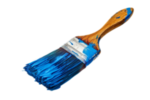 High-quality paintbrush with a wooden handle and blue paint, ideal for home improvement and artistic projects, isolated on a transparent background. png