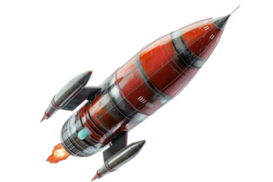Futuristic red rocket launching, isolated on a transparent background. Ideal for space exploration themes, presentations, and educational materials. png