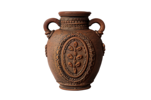 Vintage handmade clay vase with intricate floral embossing and handles, perfect for home decor and adding a rustic charm to any space. png
