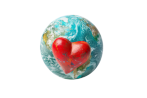 A heart is placed on a globe, symbolizing love and unity. The globe is surrounded by a blue and green color scheme, representing the Earth and its natural beauty png