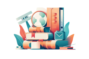 A stack of books with a magnifying glass on top. The books are of different sizes and colors. Concept of learning and exploration png