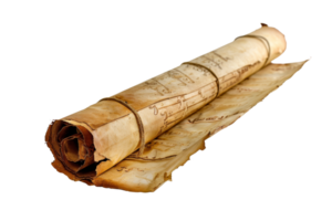 Vintage rolled parchment scroll with calligraphy text, symbolizing ancient knowledge or historical document on transparent background. png