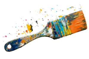 Colorful paintbrush with vibrant splashes on transparent background. Perfect for creative, artistic, and design concepts. png