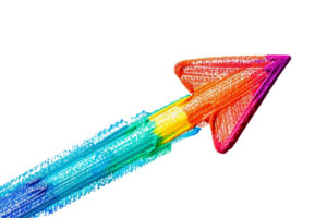 A rainbow colored pencil drawing of an arrow pointing upwards. The drawing is colorful and vibrant, with the rainbow colors blending together to create a sense of movement and energy png